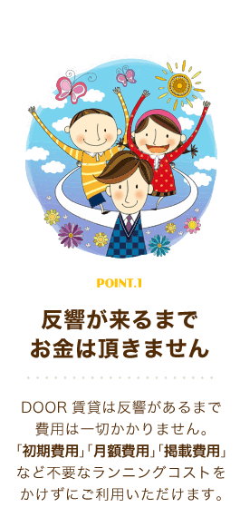 反響が来るまでお金は頂きません：DOOR賃貸は反響があるまで費用は一切かかりません。「初期費用」「月額費用」「掲載費用」など不要なランニングコストをかけずにご利用いただけます。